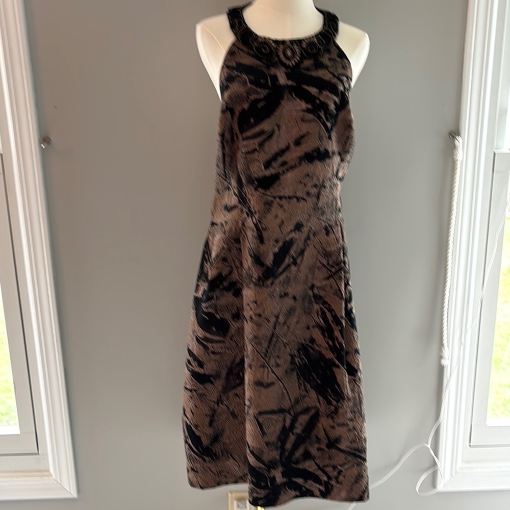 Elegant Black and Brown Sleeveless Dress Size 16 Halter Top with Beaded Collar